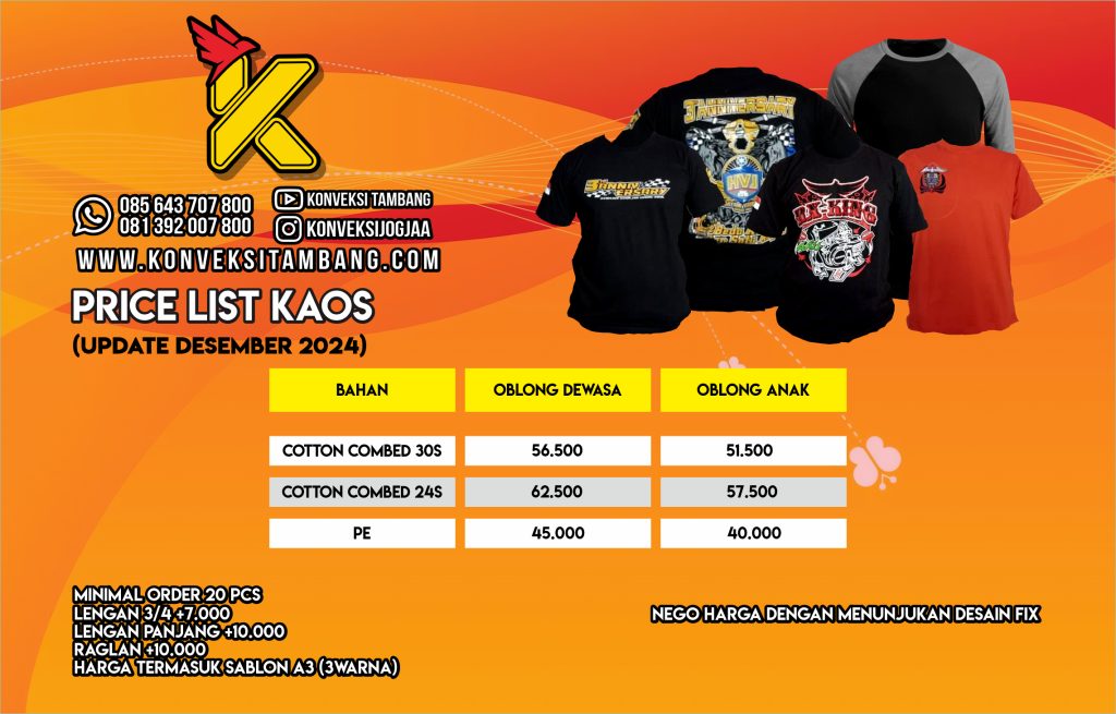 Pricelist Kaos